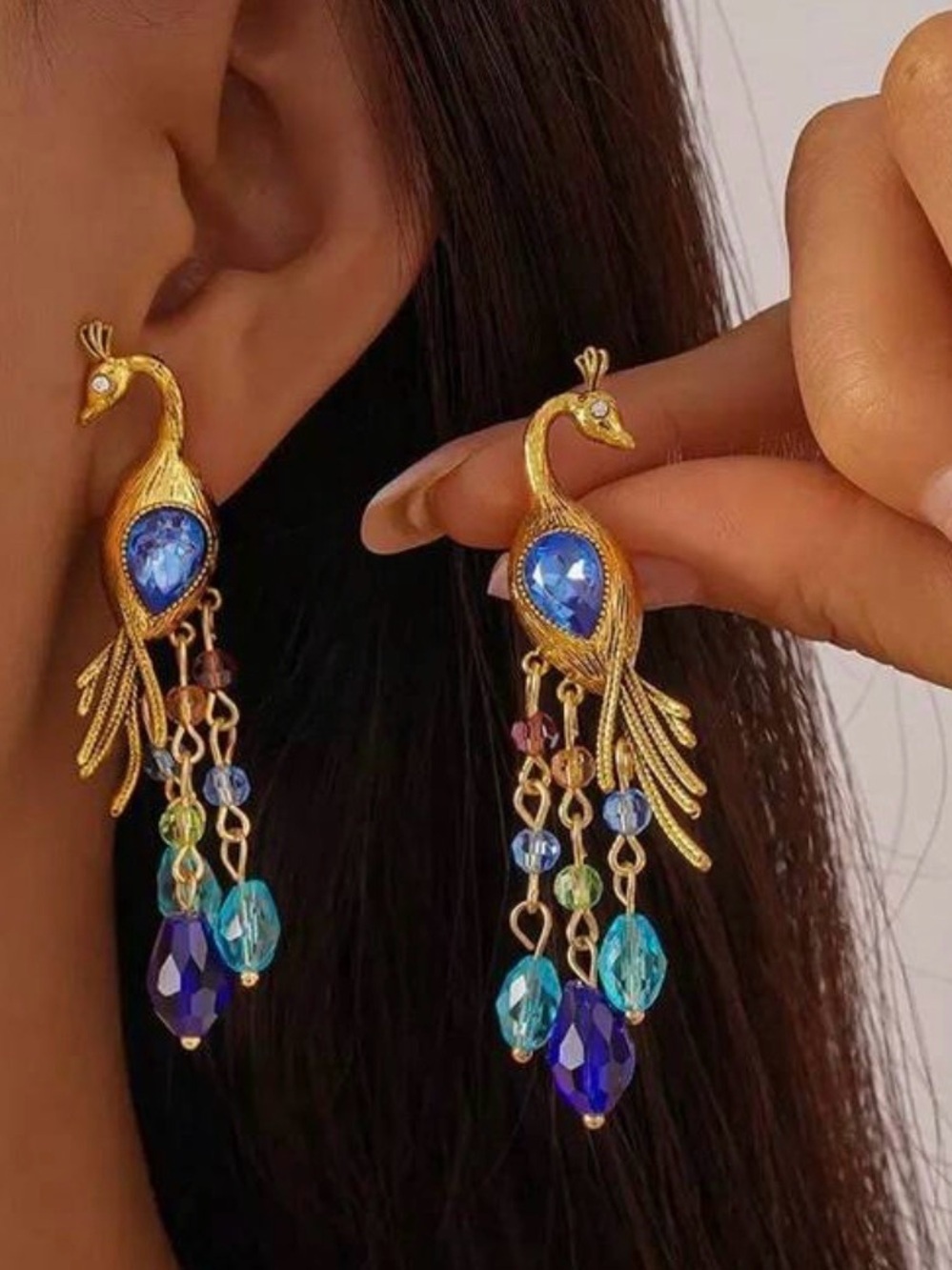 Gold Peacock Earrings with Blue and Teal Gems - Picture 6 of 7